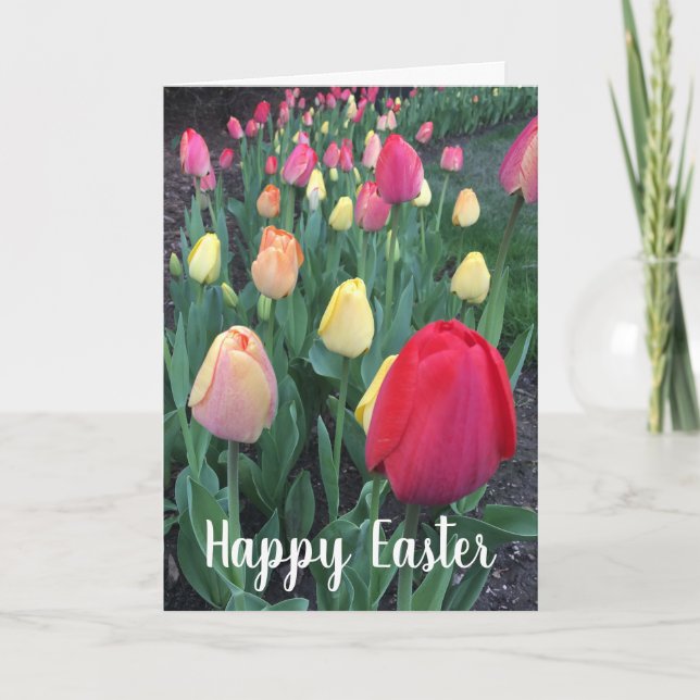 Happy Easter Tulips Elegant Typography  Holiday Card (Front)
