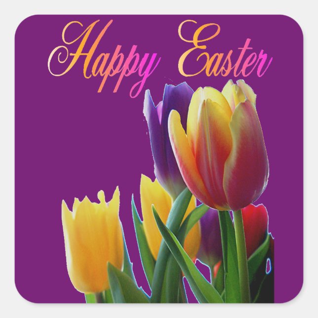 Happy Easter Tulips Square Sticker (Front)