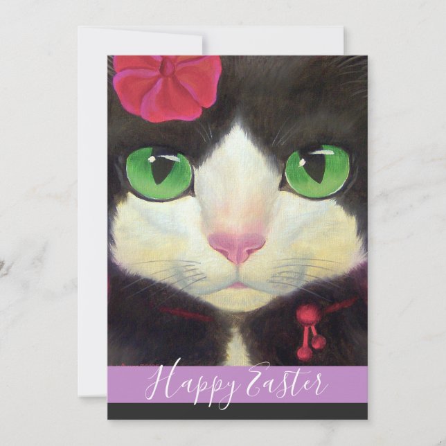Happy Easter Tuxedo Cat Purple Kitten Illustration Holiday Card (Front)