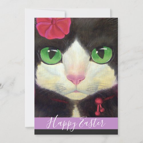 Happy Easter Tuxedo Cat Purple Kitten Illustration Holiday Card