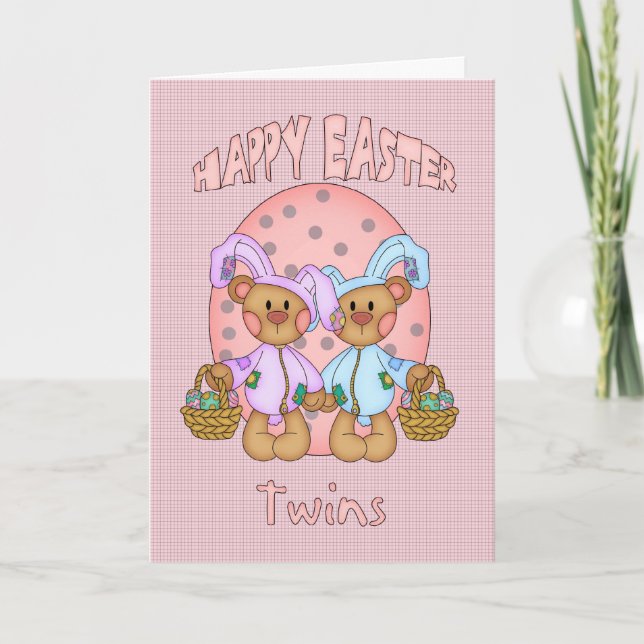 Happy Easter - Twins - Cute Teddy Bear In Bunny Co Holiday Card (Front)