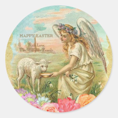 Happy Easter Typography Vintage Angel Lamb Classic Round Sticker