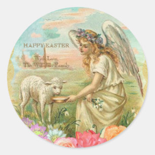 Happy Easter Typography Vintage Angel Lamb Classic Round Sticker