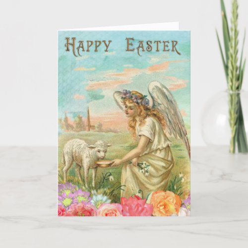 Happy Easter Typography Vintage Angel Lamb Holiday Card