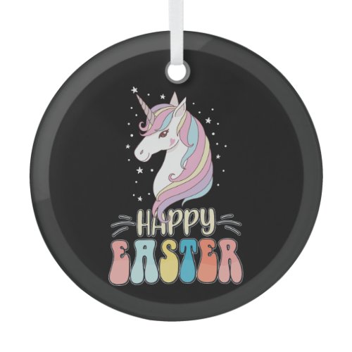 Happy Easter Unicorn Bunny Rabbit Eggs Glass Ornament