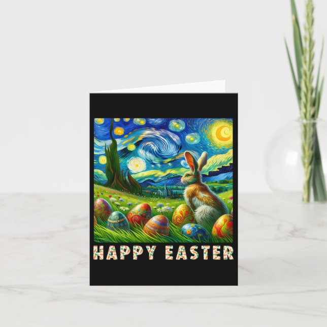 Happy Easter Van Gogh Style Bunny And Eggs  Card (Front)