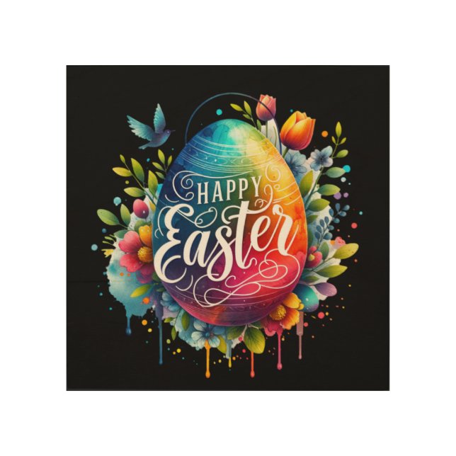 Happy Easter: Vibrant Watercolor Easter Egg Wood Wall Art (Front)