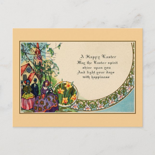 Happy Easter, victorian, people, church, verse Holiday Postcard (Front)