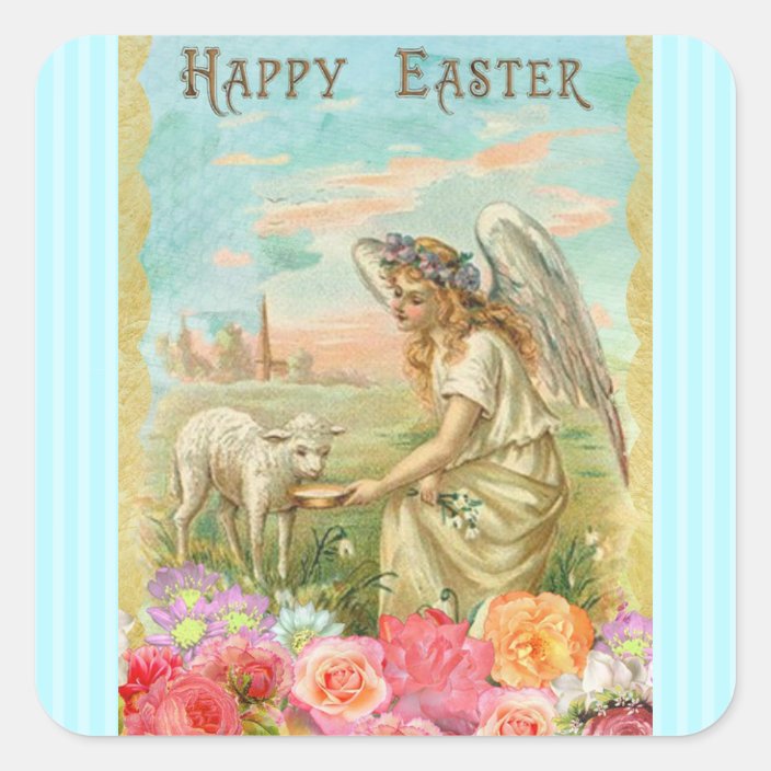 Happy Easter Vintage Angel And Lamb Stickers Zazzle Com