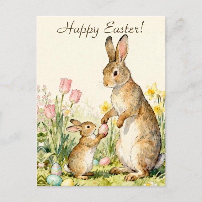 Happy Easter Vintage Bunnies with Painted Eggs Postcard (Front)