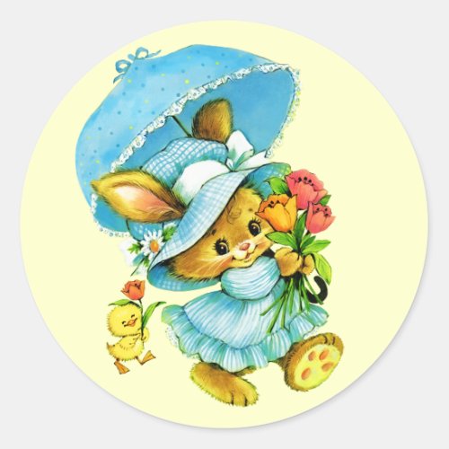 Happy Easter Vintage Bunny and Chick Classic Round Sticker