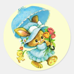 Happy Easter. Vintage Bunny and Chick Classic Round Sticker