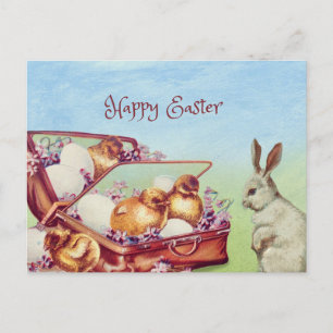 Happy Easter Vintage Bunny and Chicken Holiday Postcard