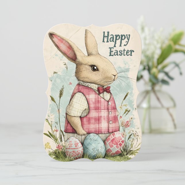 Happy Easter Vintage Bunny Drawing Holiday Card (Standing Front)