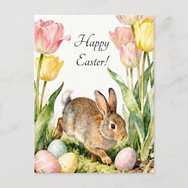 Happy Easter Vintage Bunny Eggs & Spring Flowers Postcard (Front)