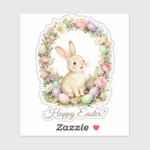 Happy Easter Vintage Bunny Floral Wreath Sticker
