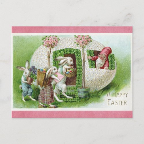 Happy Easter Vintage Bunny Rabbit Egg Gnome Postcard