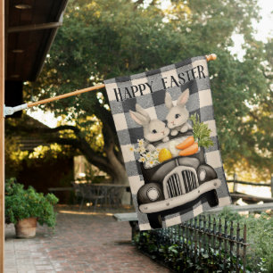 Happy Easter Vintage Car with Bunnies House Flag