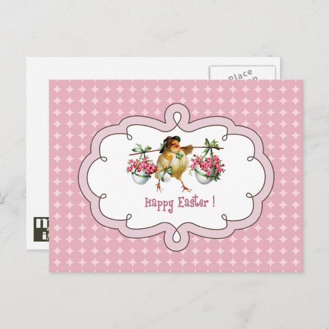 Happy Easter. Vintage Chick with Flowers Holiday Postcard (Front/Back)