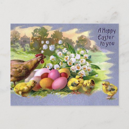 Happy Easter Vintage Chicken and Eggs Colorful Postcard