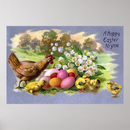 Happy Easter Vintage Chicken and Eggs Colorful  Poster