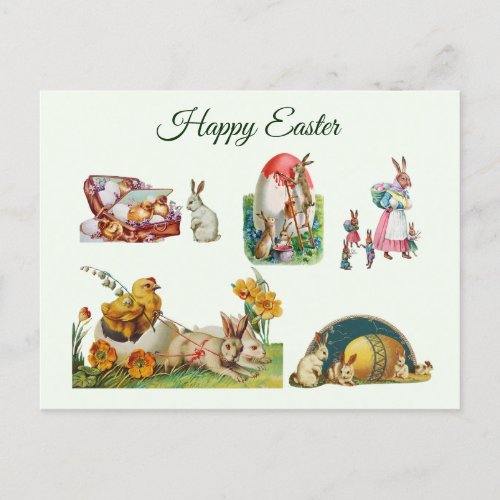 Happy Easter Vintage Collage with Bunnies Chicken Holiday Postcard