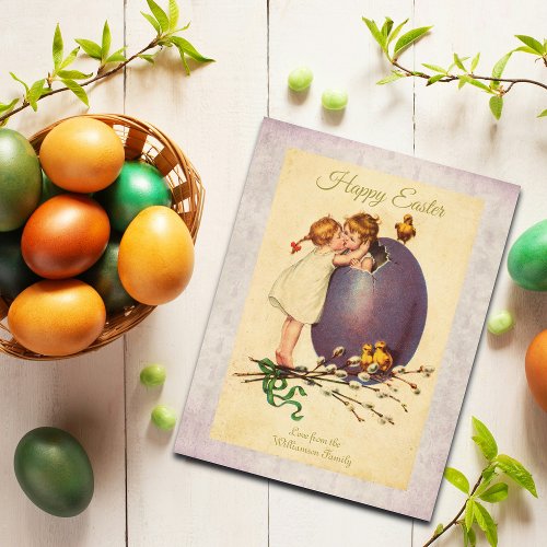 Happy Easter Vintage Egg Chicks Boy Girl Custom  Holiday Postcard