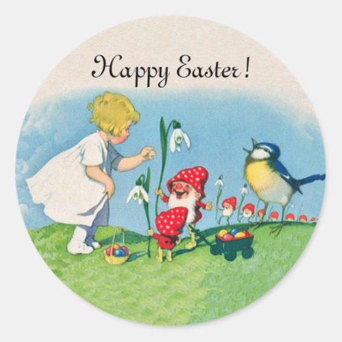 Happy Easter Vintage Elves Eggs Classic Round Sticker