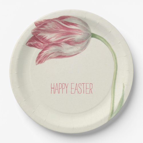 Happy Easter  Vintage Fine Art Pink  White Tulip Paper Plates