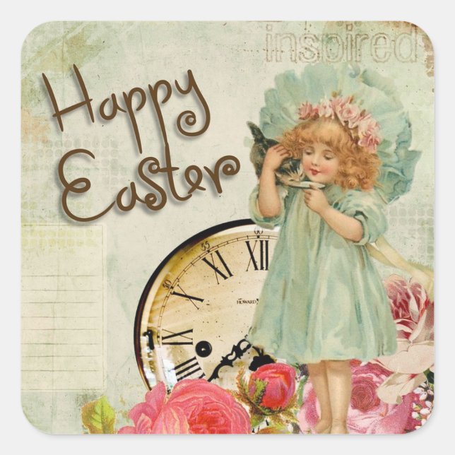 Happy Easter Vintage Girl & Pocket Watch Stickers (Front)