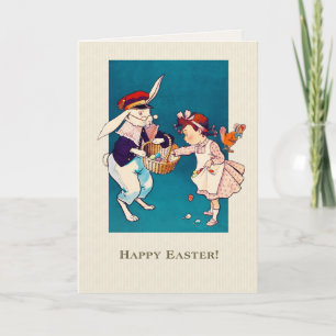 Happy Easter. Vintage Little Girl and Hare Holiday Card