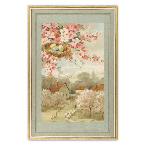 Happy Easter Vintage Pastoral Town Nest Floral     Tissue Paper