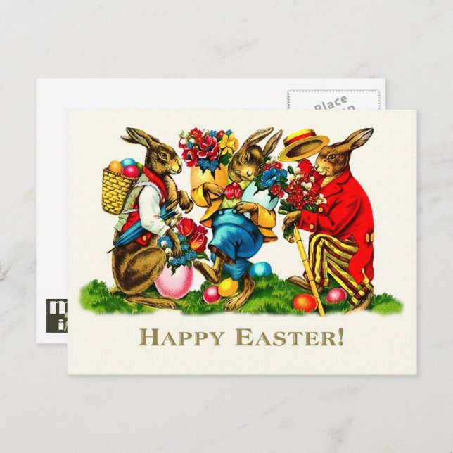 Happy Easter. Vintage Rabbits Holiday Postcard (Front/Back)