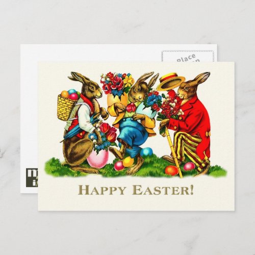 Happy Easter Vintage Rabbits Holiday Postcard