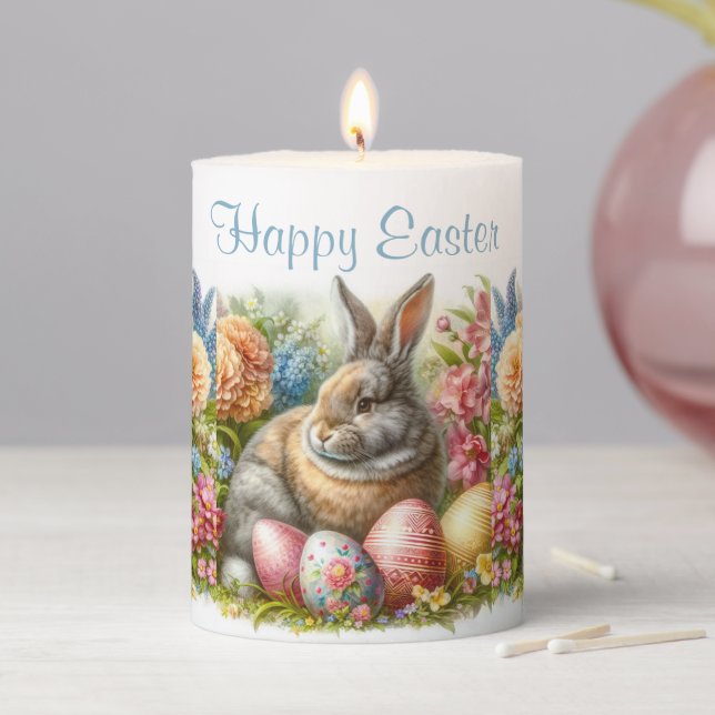 Happy Easter Vintage Rabit Floral Pillar Candle (In Situ)