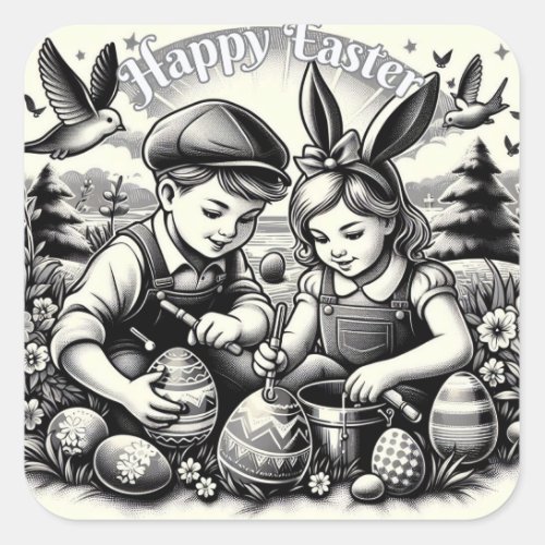 Happy Easter Vintage Style Square Sticker