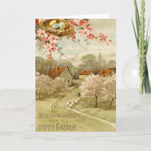 Happy Easter Vintage Town Nest Greeting Card