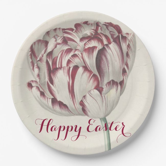 Happy Easter Vintage white & red tulip Paper Plate