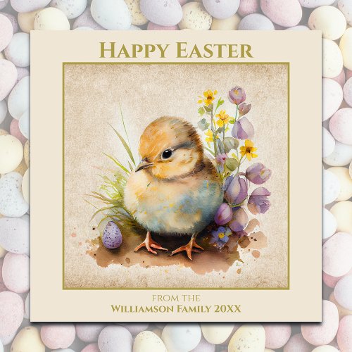 Happy Easter Vintage Yellow Chick Personalized Holiday Card