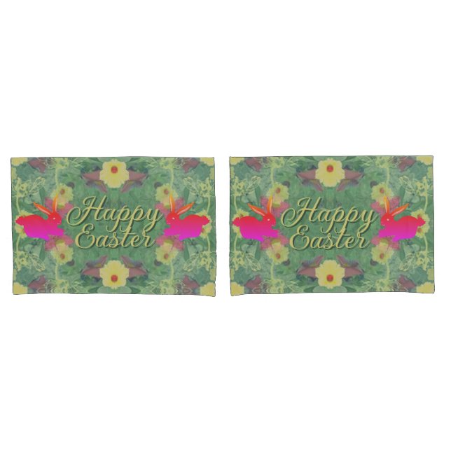 Happy Easter w/Bunnies Floral Green Pillow Case (Front-Set)