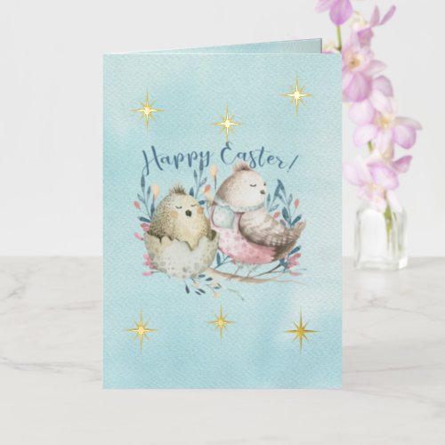Happy Easter Watercolor Birds Vintage Style Foil Holiday Card