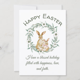 happy easter,watercolor bunnies greenery wreath  note card