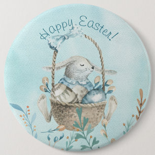 Happy Easter! Watercolor Bunny and Basket Button