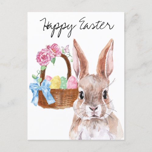 Happy Easter Watercolor Bunny Basket  Postcard