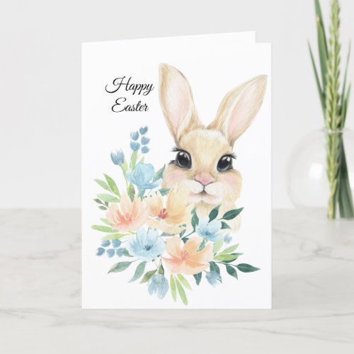 Happy Easter Watercolor Bunny Blue Flowers Holiday Card