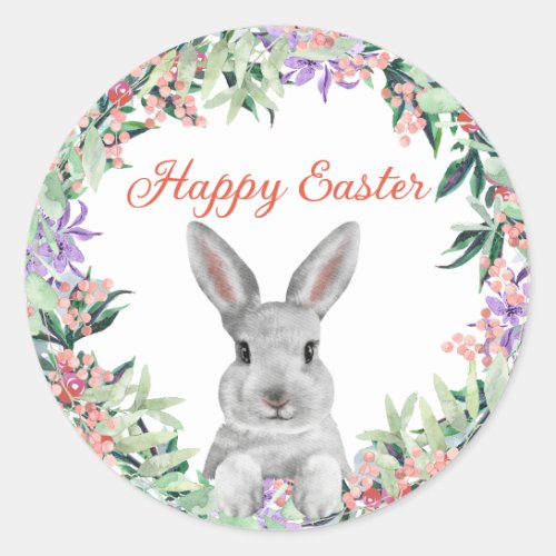 happy easter watercolor bunny botanical wreath classic round sticker