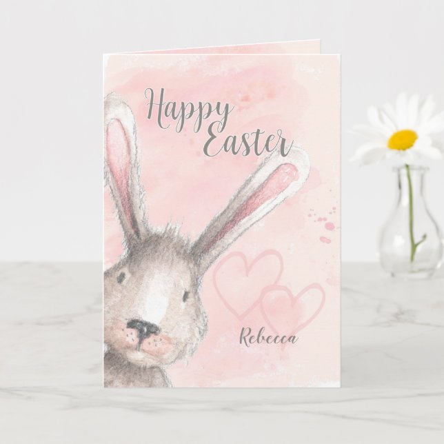 Happy Easter Watercolor Bunny Custom Name Card (Small Plant)