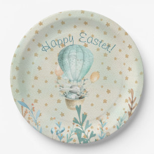 Happy Easter! Watercolor Bunny in Hot Air Balloon Paper Plates