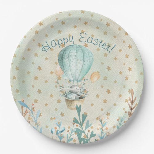 Happy Easter Watercolor Bunny in Hot Air Balloon Paper Plates