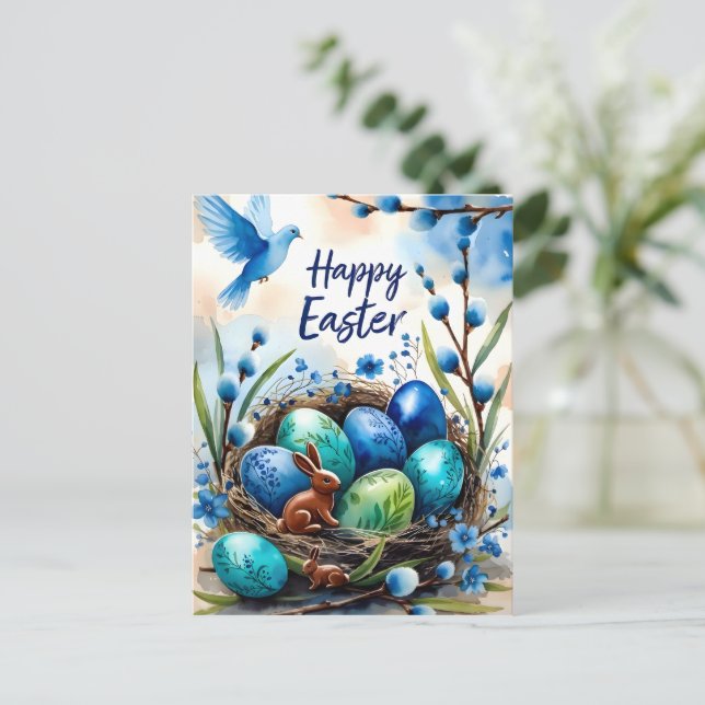 Happy Easter Watercolor Bunny Nest Card (Standing Front)